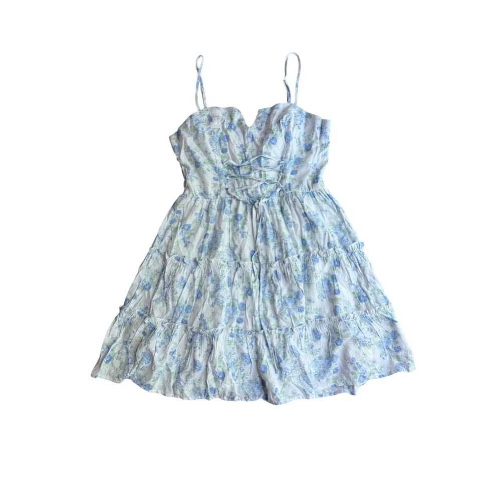 Altar'd State Blue Floral Lace Up Tiered Mini Dress Womens‎ Medium Cottagecore